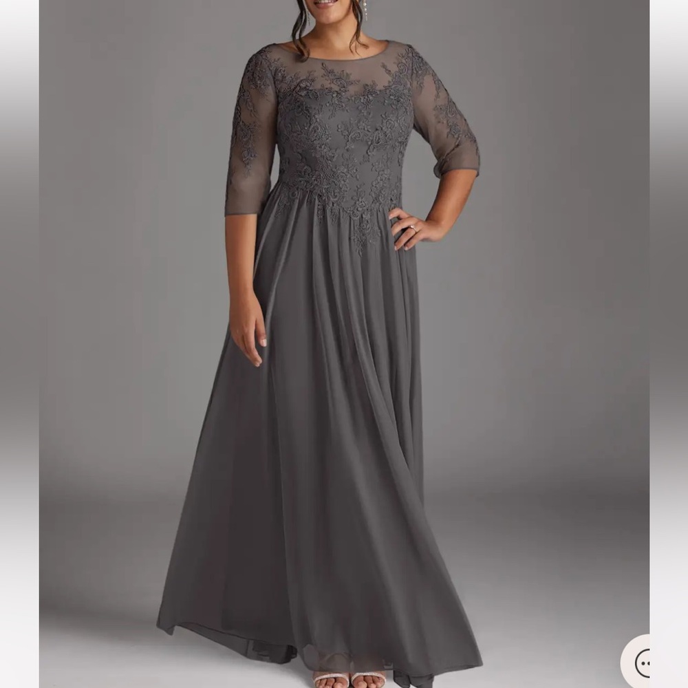 Azazie Charcoal Gray Long Sleeve Lace Bodice Evening Gown